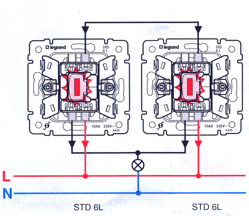 Подключение выключателя legrand. Переключатель на 2 направления Legrand Valena схема. Переключатель проходной одноклавишный с подсветкой Легранд схема. Проходной выключатель Legrand Valena схема. Переключатель одноклавишный Legrand схема.